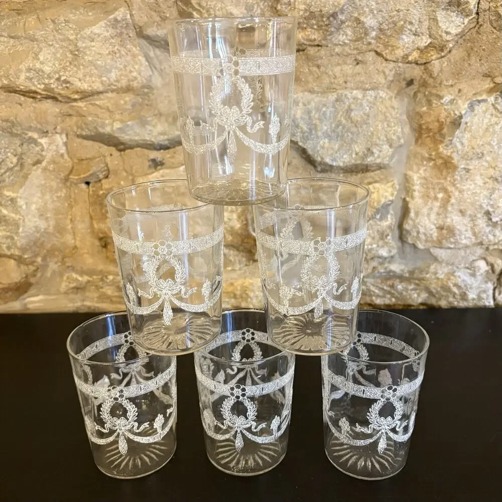 Vintage White Enamel Bow Swag Garland Juice Glass Tumblers Optic Panel Set of 6